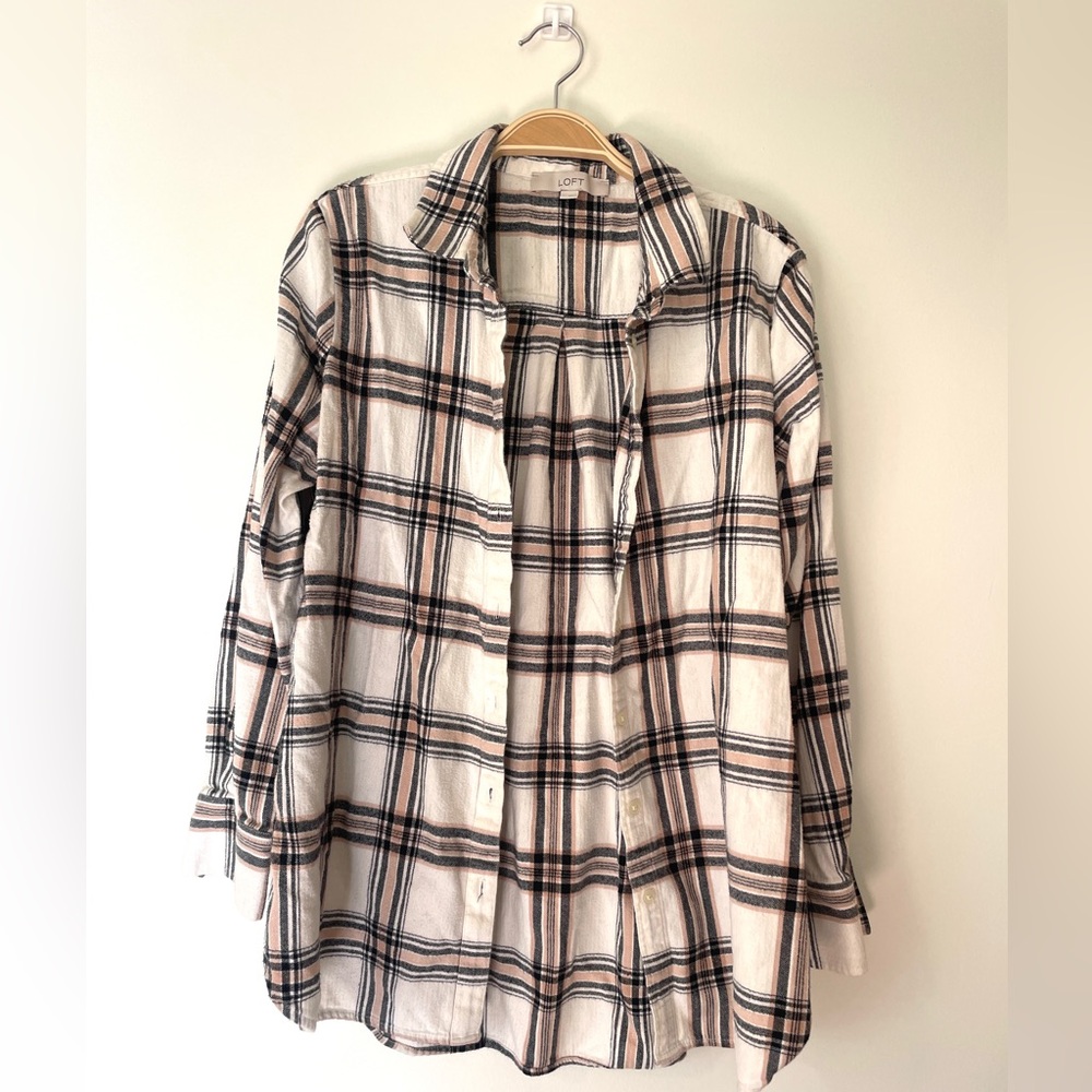 LOFT Black and Cream Plaid Shirt